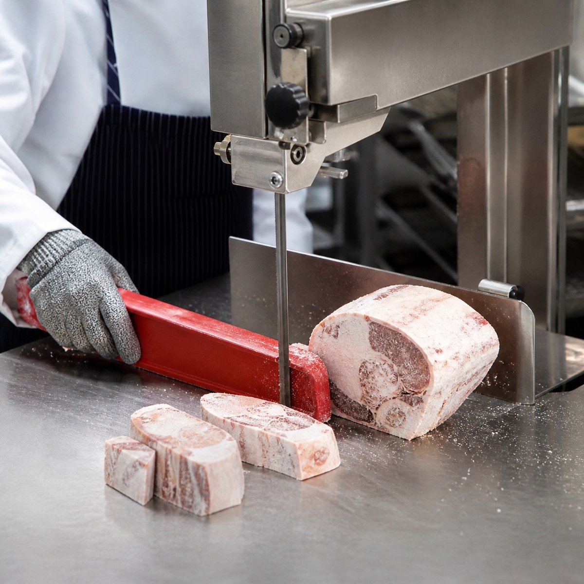 Commercial bone saw safely portioning frozen bone-in meat