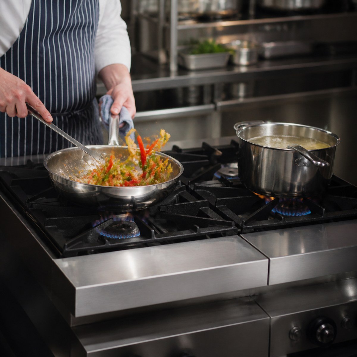 Chef cooking with pans on a commercial countertop gas burner