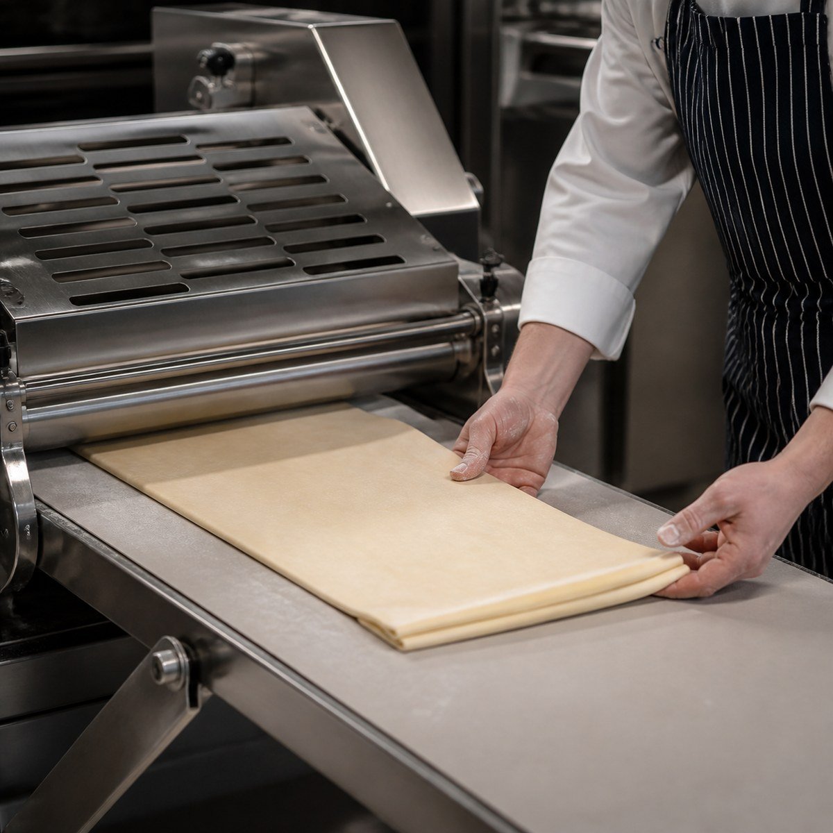Laminated pastry dough passing through a commercial dough sheeter