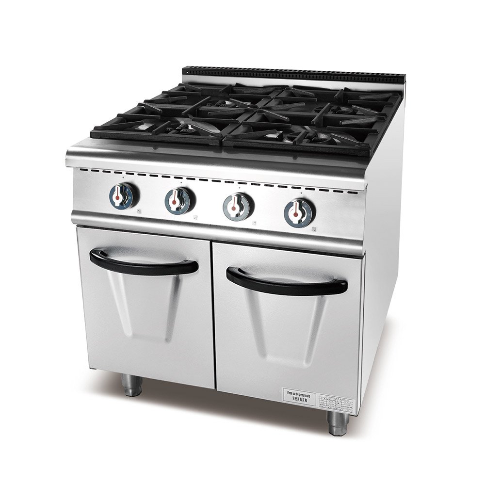 Four-burner commercial gas range with cabinet base