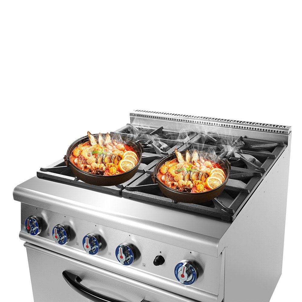 Six-burner KELVARO commercial gas range in use