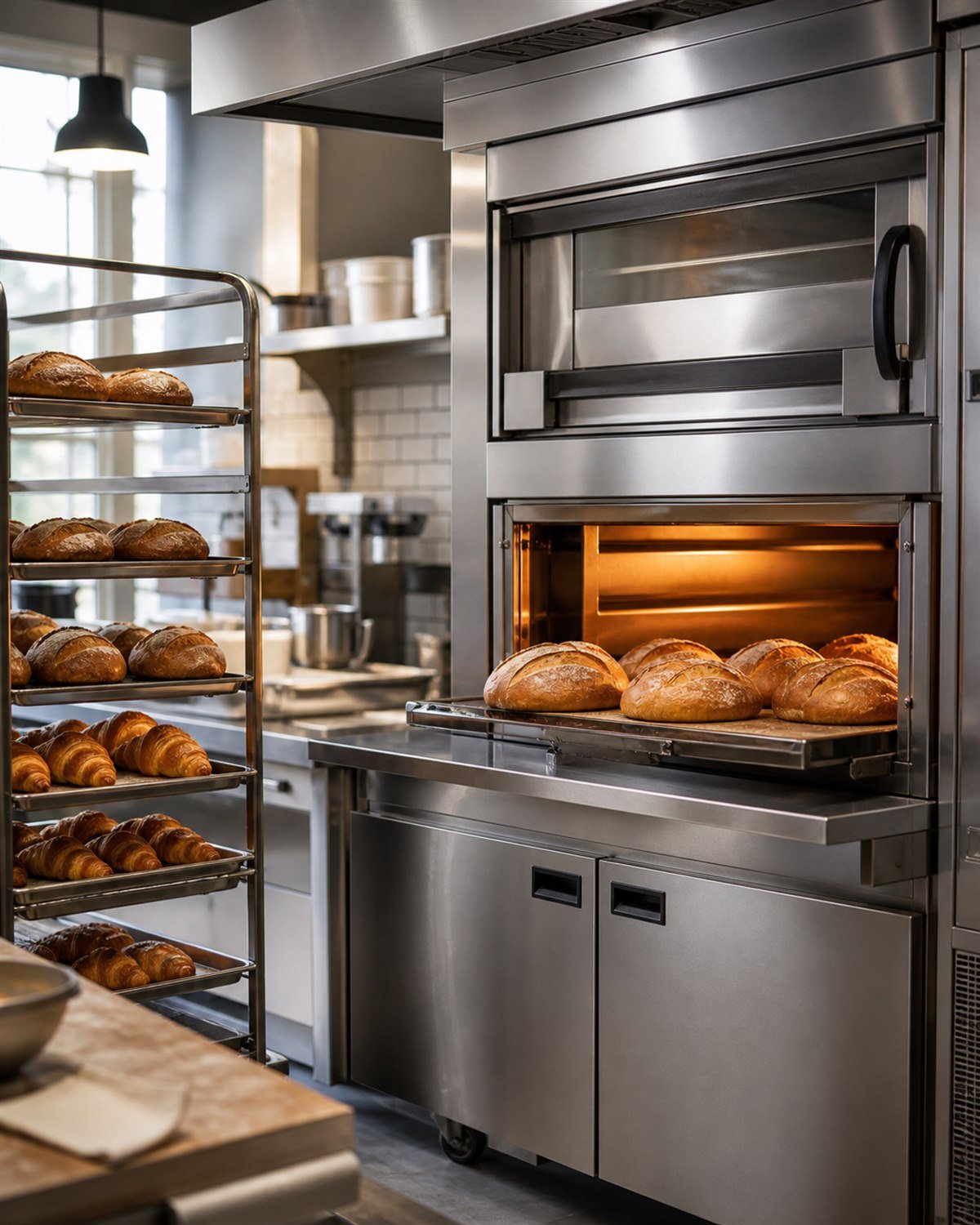 Fresh bread arranged on bakery production racks